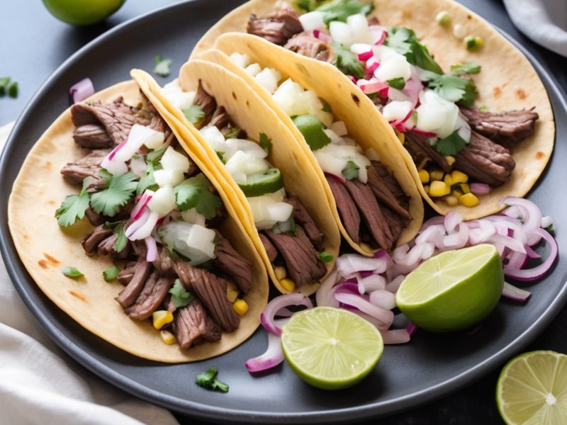 Close-up of arrachera tacos topped with onions, cilantro, and fresh salsa (1)