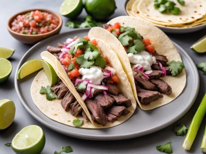 Close-up of arrachera tacos topped with onions, cilantro, and fresh salsa (2)