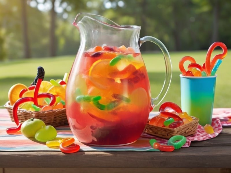 Colorful Bug Juice Camp Drink recipe with gummy worm garnish, perfect for summer camps and kids’ parties, highlighting the fun and fruity essence of Bug Juice.