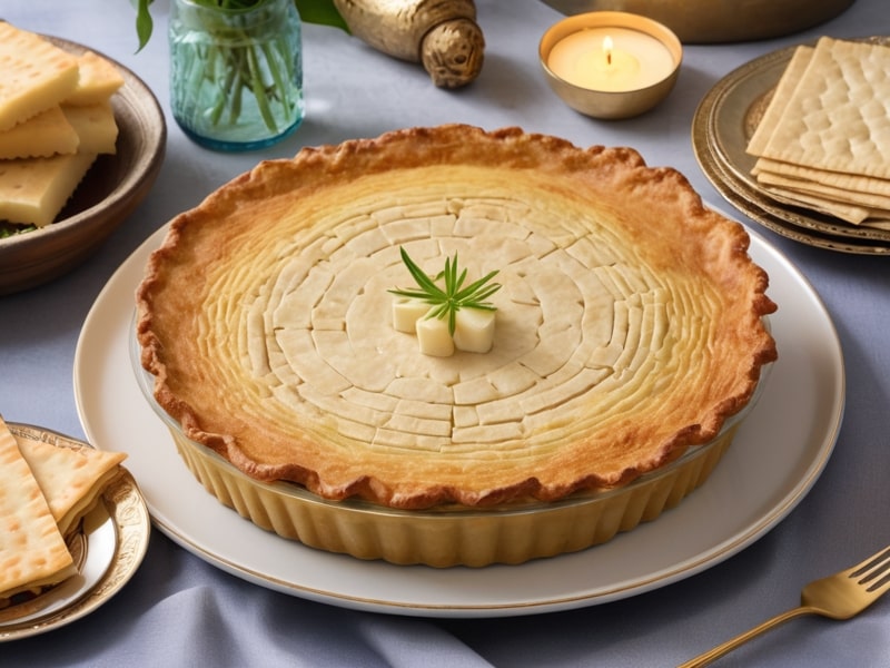 Delicious Passover potato pie served on a festive table for the holiday, with crispy golden edges and matzah (1)