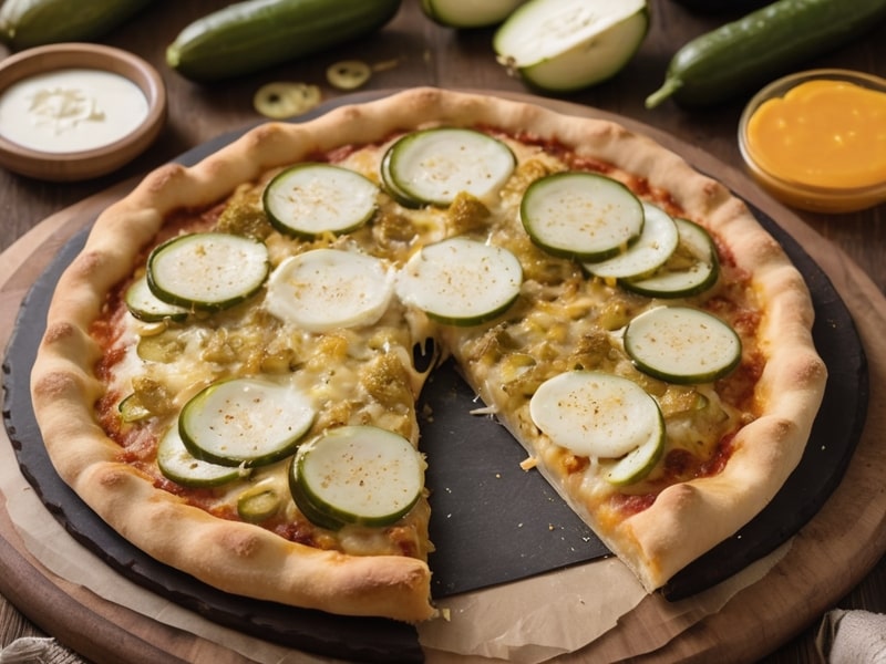 Delicious homemade pickle pie pizza with melted cheese, crispy crust, and tangy pickles on top.