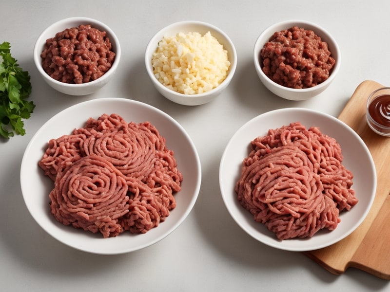 Different types of ground beef ground sirloin, chuck, and round.