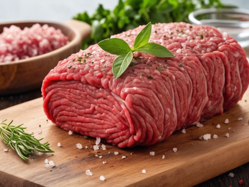 Fresh ground sirloin on a cutting board with herbs and salt.