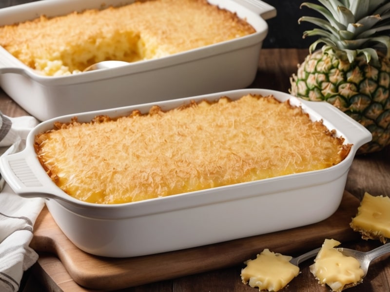 Freshly baked pineapple casserole with golden cracker crust in a white baking dish (1)