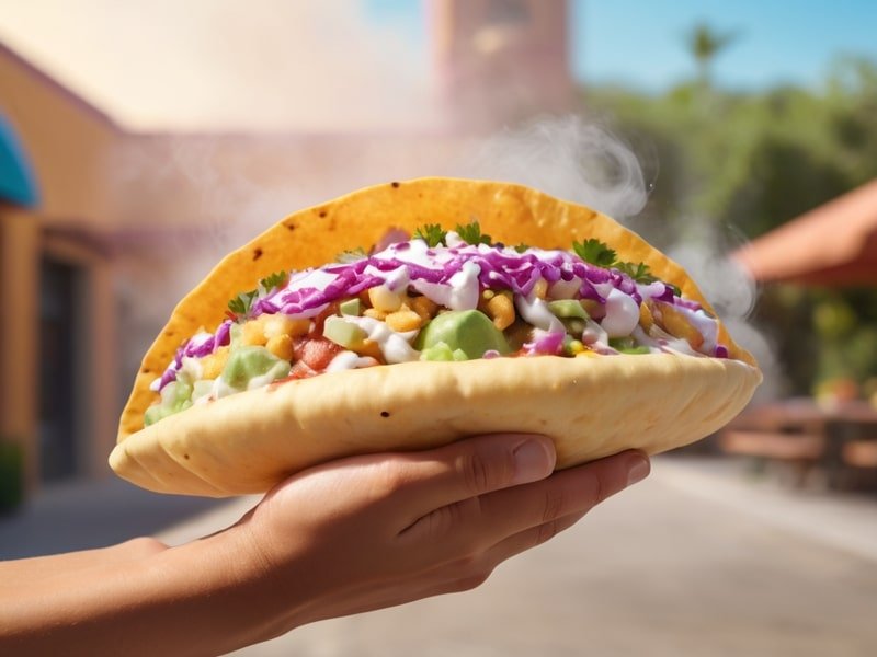 Freshly made chalupa held in hand with steam rising and a blurred outdoor background (2)
