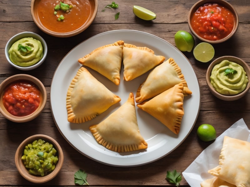 Golden-brown empanadas venezolanas served with guasacaca and spicy salsa on a rustic plate (1)