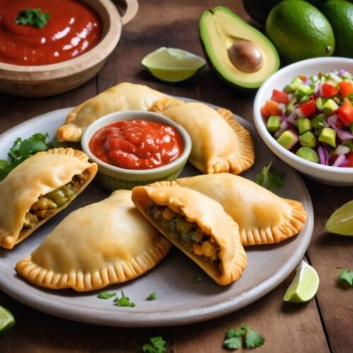 Golden-brown empanadas venezolanas served with guasacaca and spicy salsa on a rustic plate (2)