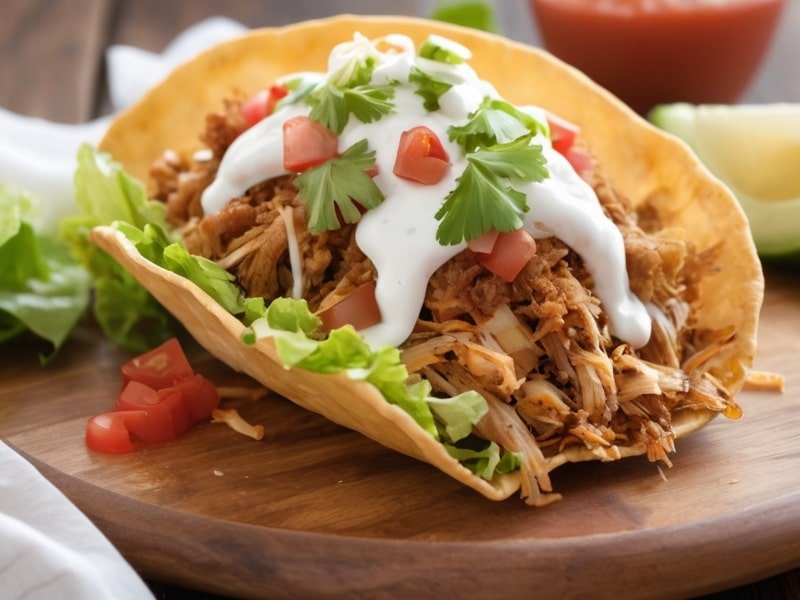 Golden, crispy chalupa filled with pork, fresh toppings, and sour cream on a rustic plate (1)