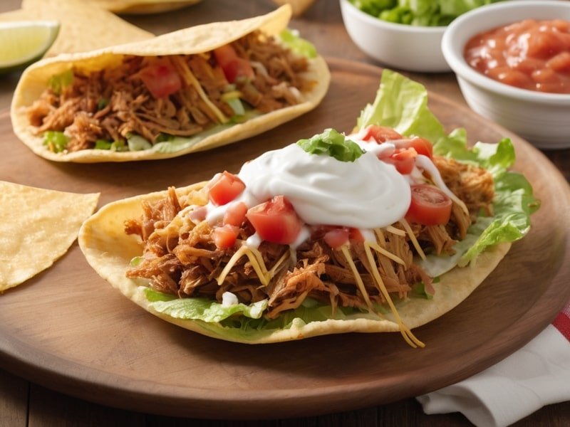 Golden, crispy chalupa filled with pork, fresh toppings, and sour cream on a rustic plate (2)