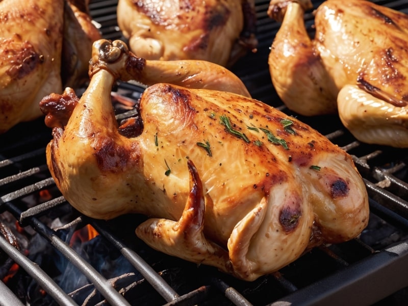 Greek marinated spatchcocked chicken sizzling on the grill, achieving a perfect golden-brown char.