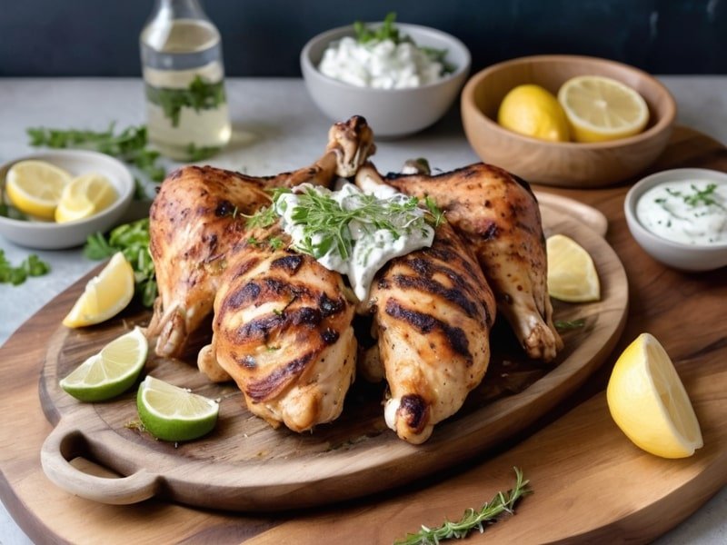 Grilled Greek spatchcock chicken with crispy skin, served with lemon wedges, Greek salad, and tzatziki sauce on a wooden platter (1)