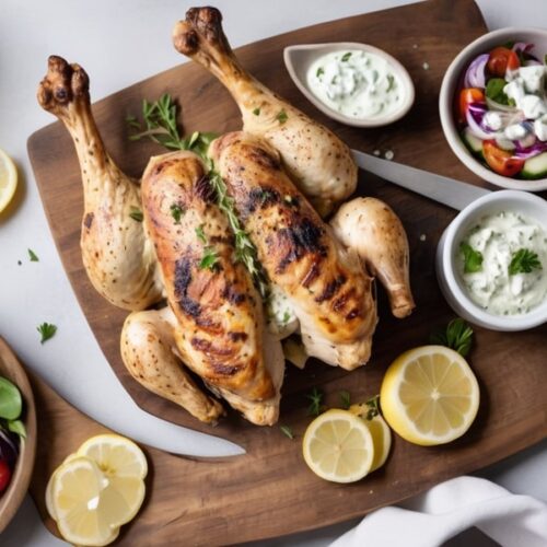 Grilled Greek spatchcock chicken with crispy skin, served with lemon wedges, Greek salad, and tzatziki sauce on a wooden platter