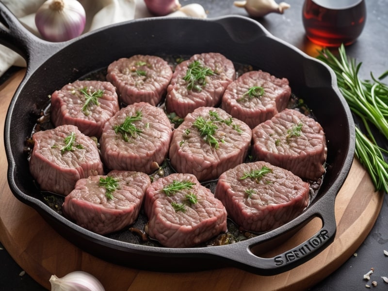 Ground sirloin cooking in a cast-iron skillet with garlic, onions, and fresh herbs, highlighting its rich, lean texture and savory aroma.