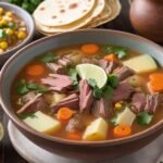 Hearty Caldo de Res with beef, vegetables, and tortillas.
