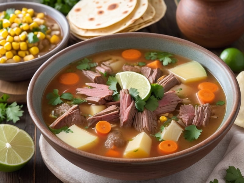 Hearty Caldo de Res with beef, vegetables, and tortillas.