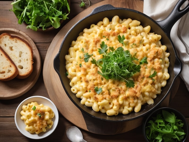 Mac and cheese in a cast iron skillet with green salad and garlic bread on a wooden table (2)