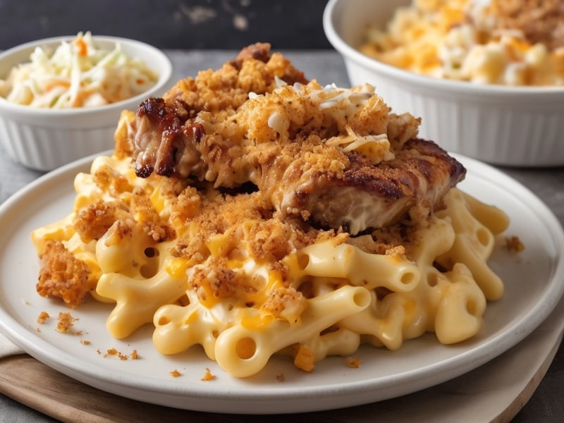 Mac and cheese topped with breadcrumbs served with coleslaw and BBQ ribs (1)