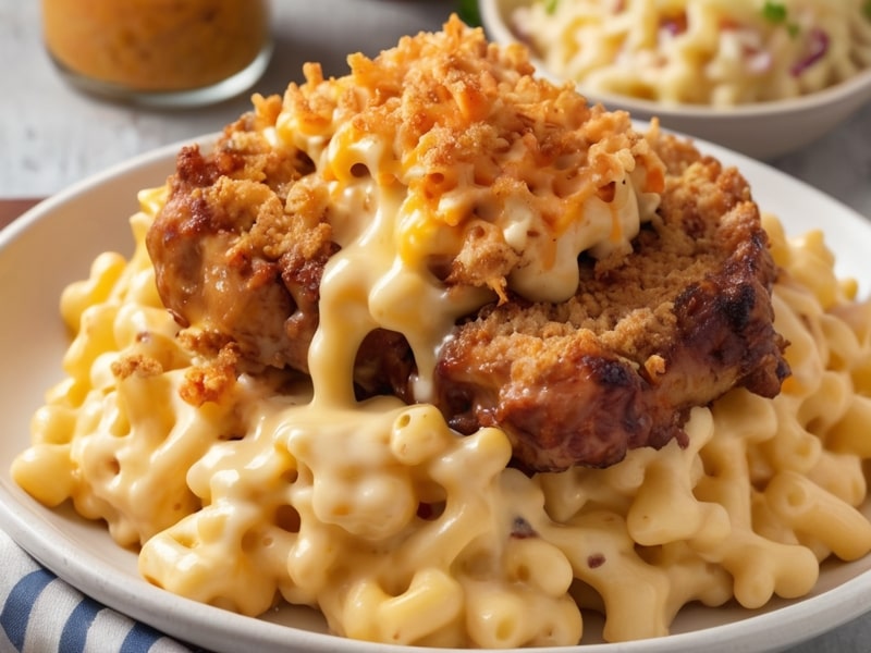 Mac and cheese topped with breadcrumbs served with coleslaw and BBQ ribs (2)