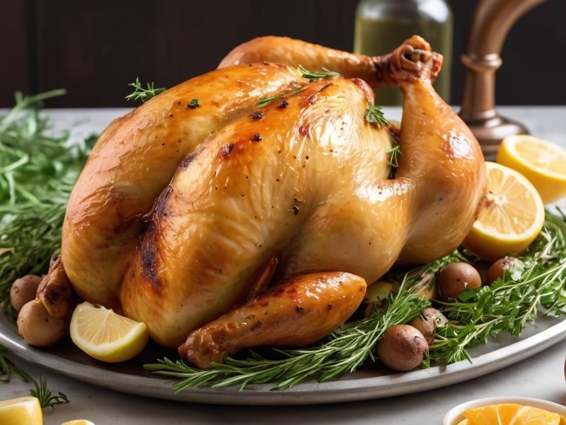 Perfectly roasted chicken brined to perfection, showcasing juicy, tender chicken texture with fresh herbs (1)