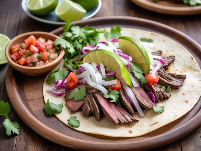 Plated arrachera taco topped with cilantro, onions, and lime, served with salsa on a wooden plate (1)