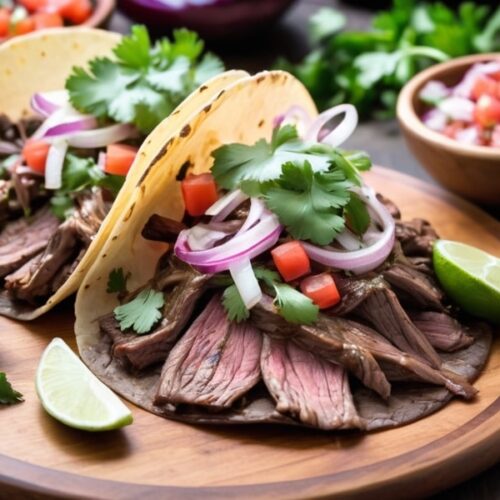 Plated arrachera taco topped with cilantro, onions, and lime, served with salsa on a wooden plate (2)