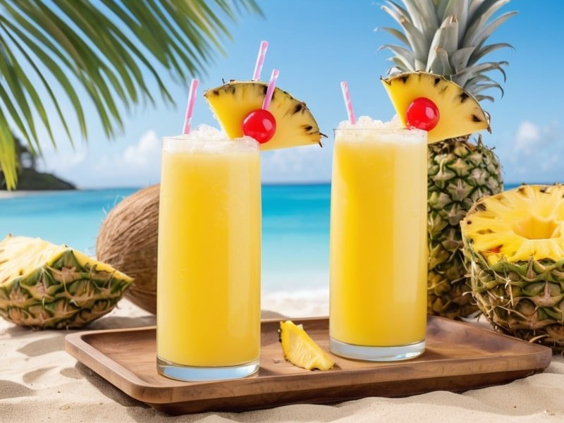 Refreshing tropical Bug Juice with vibrant layers of coconut water, pineapple juice, and mango, garnished with fresh pineapple wedges and cocktail umbrellas for a beach-inspired summer drink.