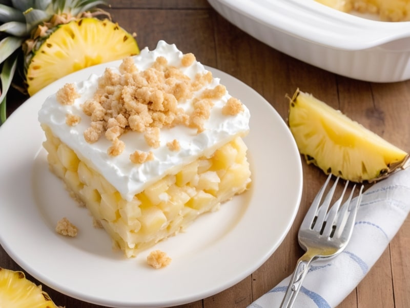 Slice of pineapple casserole on a white dish showing layers of pineapple, filling, and crispy topping (2)