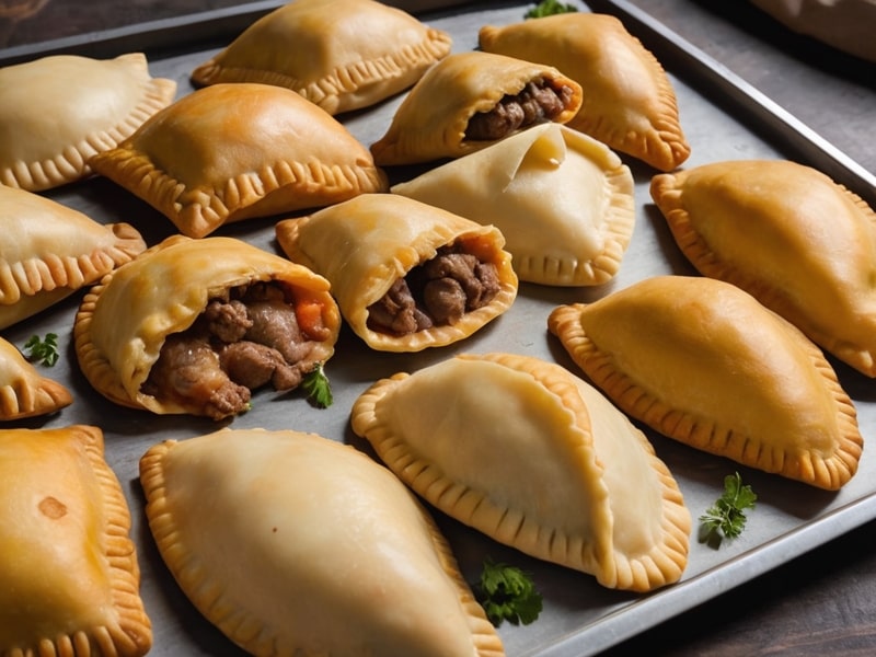 Variety of empanadas venezolanas with beef, cheese, and fish fillings.