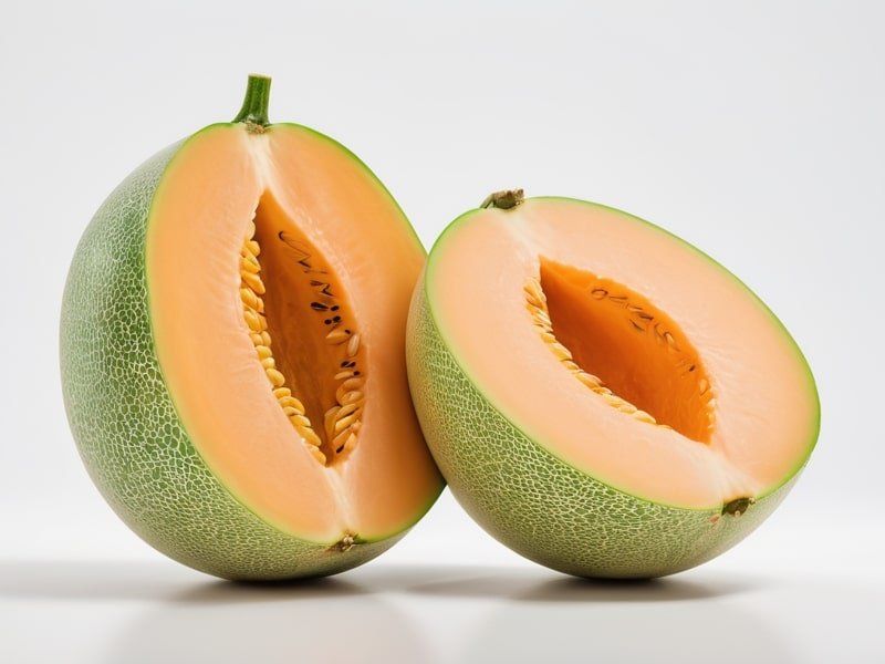 Whole and halved Crenshaw melon with vibrant orange flesh on a white background.