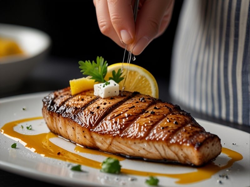 A close-up of a perfectly grilled steak being garnished with Fleur de Sel, adding a final touch of gourmet flavor.