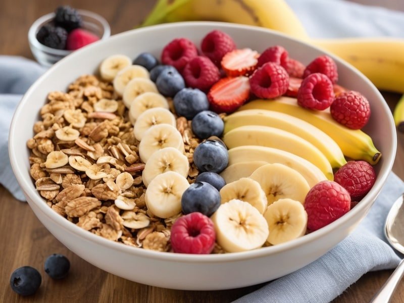 A delicious serving of vanilla nut granola topped with fresh berries and honey, perfect for breakfast (2)