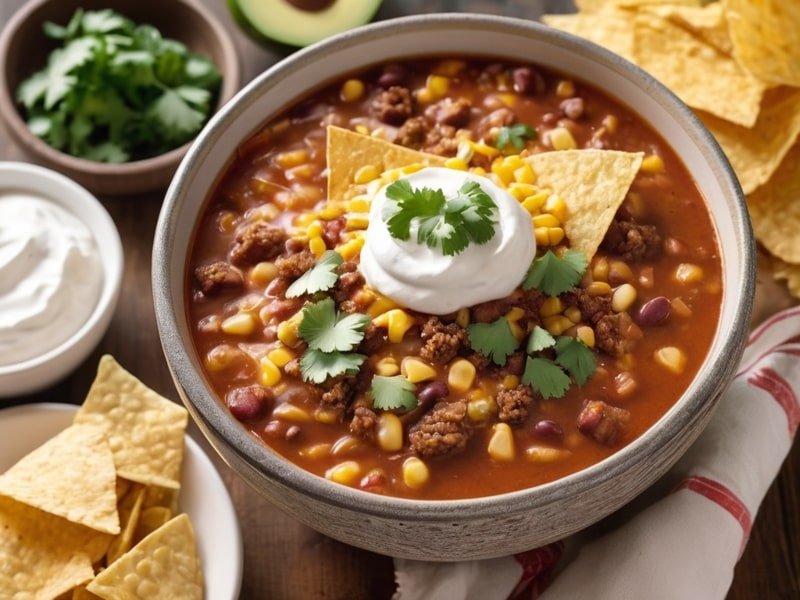 A hearty bowl of taco soup topped with shredded cheese, sour cream, and cilantro, surrounded by tortilla chips on a rustic wooden table (2)