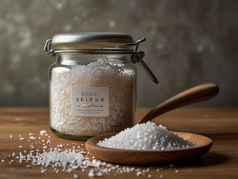 A jar of Fleur de Sel on a kitchen shelf, accompanied by a small spoon for easy access, showing how to store and use this delicate finishing salt.