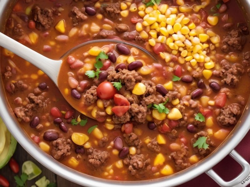 A ladle full of taco soup featuring ground beef, beans, corn, and tomatoes, steaming fresh from the pot (1)