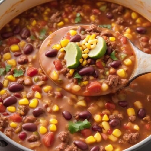 A ladle full of taco soup featuring ground beef, beans, corn, and tomatoes, steaming fresh from the pot (2)