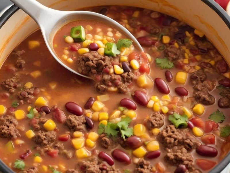 A ladle full of taco soup featuring ground beef, beans, corn, and tomatoes, steaming fresh from the pot (4)