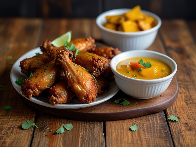 A plate of crispy mango habanero chicken wings garnished with cilantro and lime wedges, with a bowl of dipping sauce in the background.