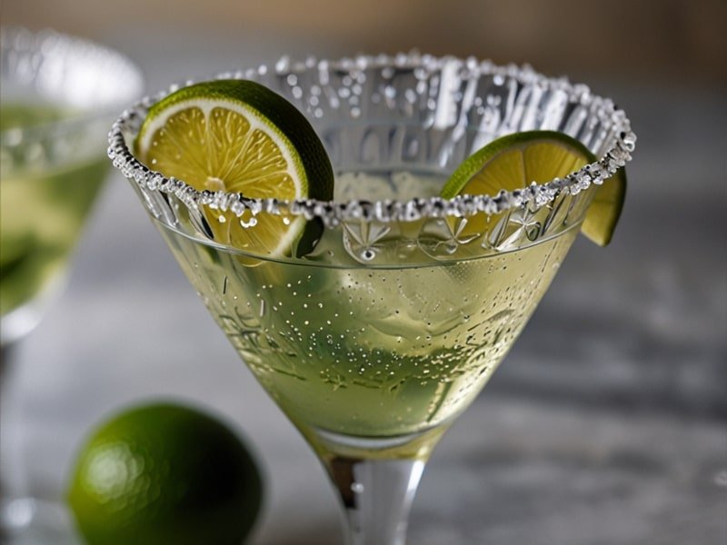 A refreshing cocktail with a Fleur de Sel rim, adding a touch of sophistication and flavor contrast to the drink, garnished with a lime wedge.