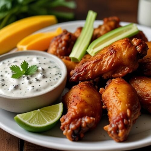 A serving platter of mango habanero wings with celery sticks, carrot sticks, and ranch dressing on the side.