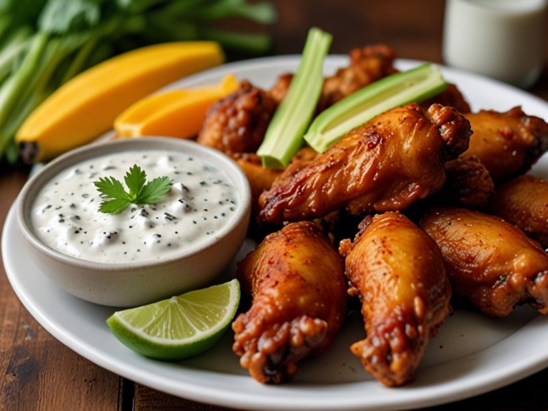 A serving platter of mango habanero wings with celery sticks, carrot sticks, and ranch dressing on the side.