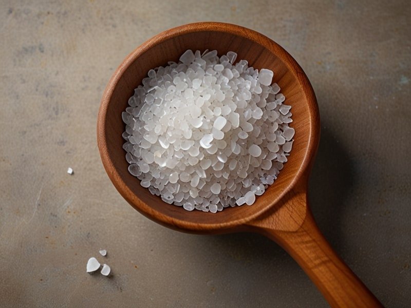 A small bowl of Fleur de Sel with a wooden spoon, ready to enhance dishes with its delicate texture and flavor (1)