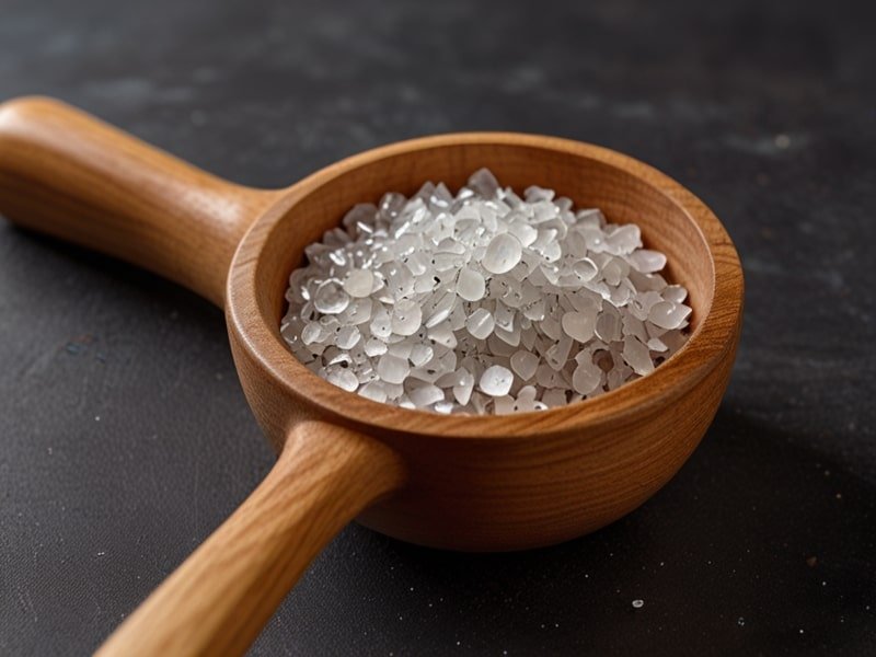 A small bowl of Fleur de Sel with a wooden spoon, ready to enhance dishes with its delicate texture and flavor (2)