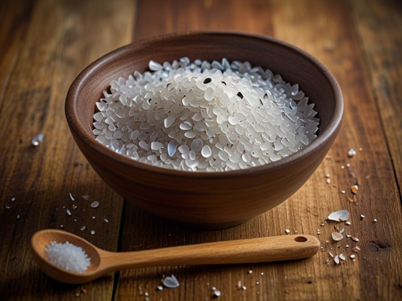 A small bowl of Fleur de Sel with a wooden spoon, ready to enhance dishes with its delicate texture and flavor (3)