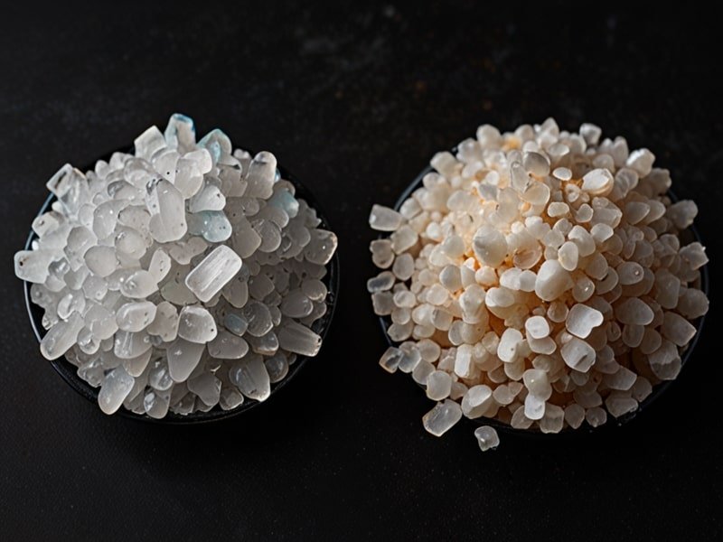 Close-up comparison of Fleur de Sel crystals and regular sea salt grains, showcasing the difference in texture and appearance.