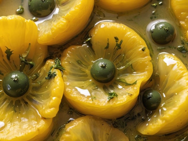 Close-up of yellow poppy recipe showing glistening olive oil and lemon zest.