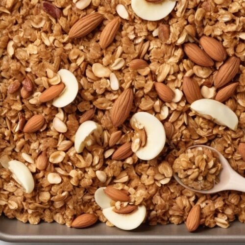 Freshly baked vanilla nut granola with almonds, walnuts, and a hint of cinnamon, golden and crunchy (1)