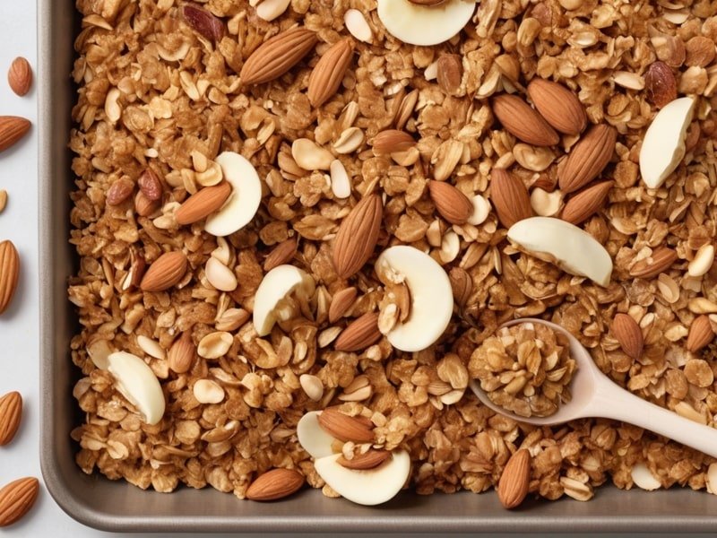 Freshly baked vanilla nut granola with almonds, walnuts, and a hint of cinnamon, golden and crunchy (1)