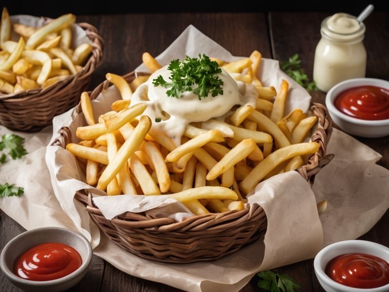 Golden onion French fries in a basket with dipping sauces on a wooden table (1)