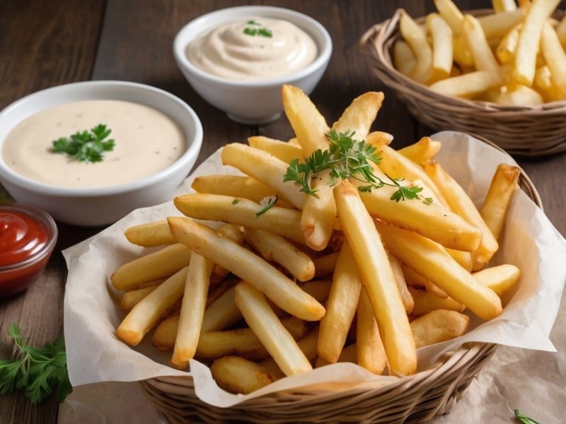 Golden onion French fries in a basket with dipping sauces on a wooden table (2)