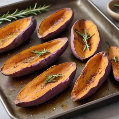 Herb-roasted Murasaki sweet potatoes on a baking tray with rosemary, sea salt, and a bowl of olive oil.